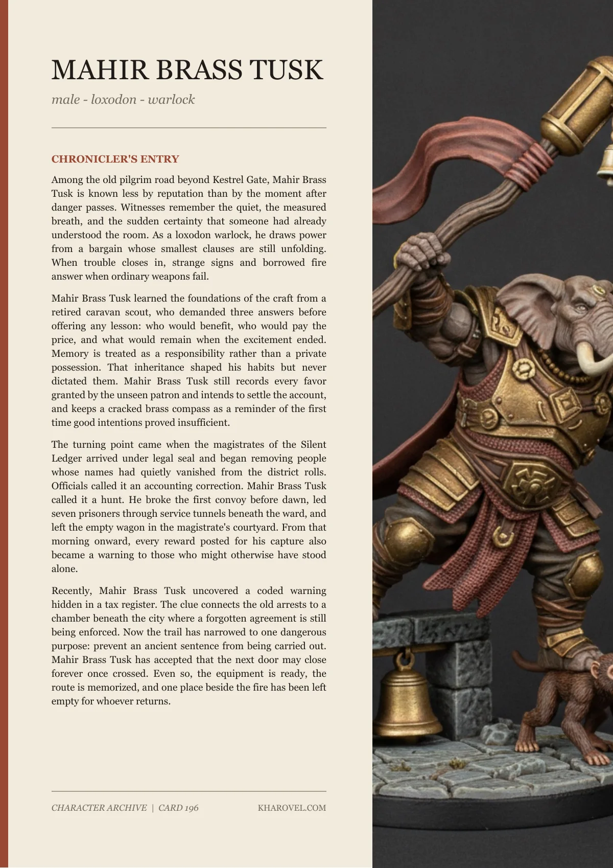 Mahir Brass Tusk — character lore PDF preview
