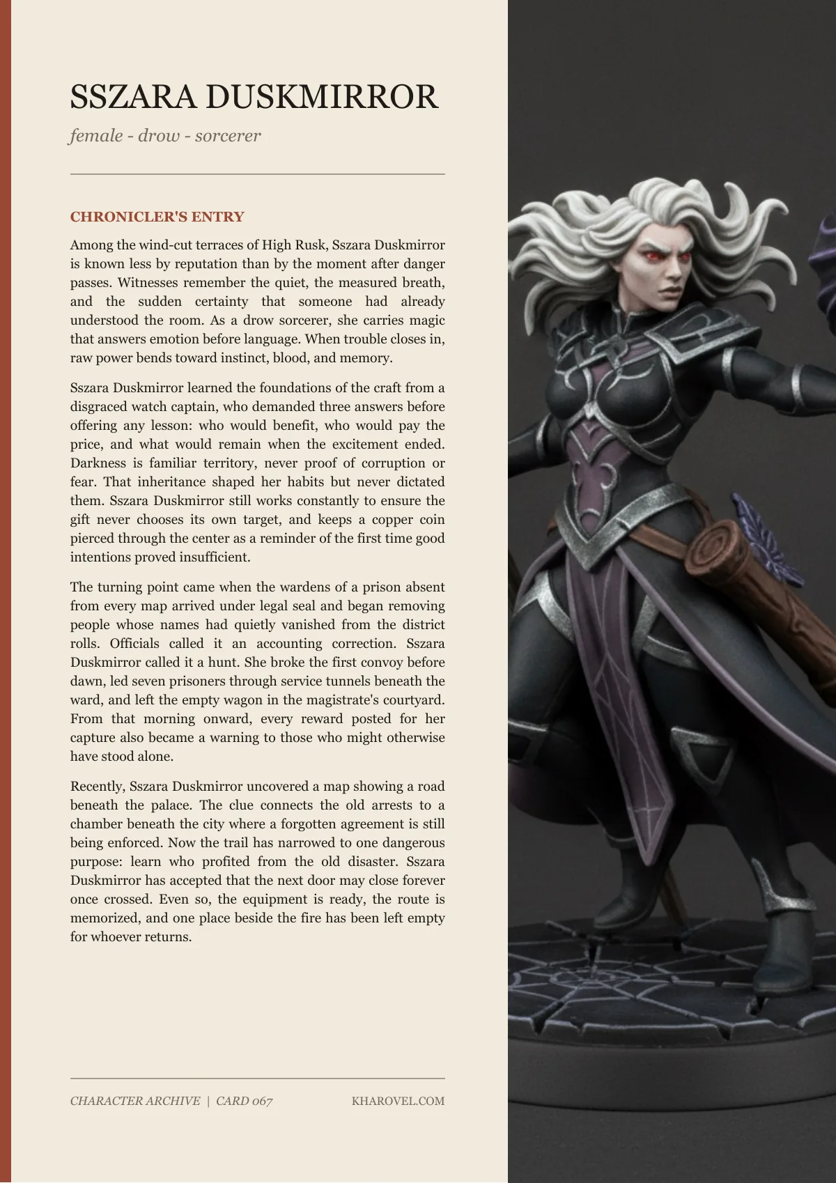 Sszara Duskmirror — character lore PDF preview