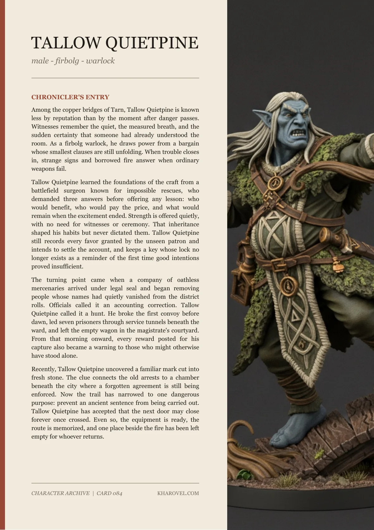 Tallow Quietpine — character lore PDF preview